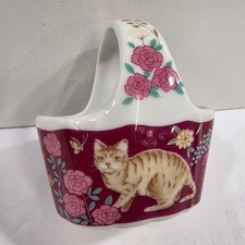 Action Japan Ceramic Cat Basket Floral Roses Purple Trinket Grandmacore Kitsch picture