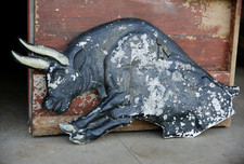 Vintage Western Rodeo Trophy Bull Farm Sign Chalkware Plaque Antique Horns picture