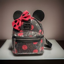 Loungefly Disney Parks Minnie Mouse Sequin Polka Dot Mini Backpack Black Pink picture