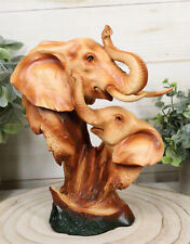 Safari Wildlife Elephant Father And Calf With Trunk Up Bust Faux Wood Figurine picture