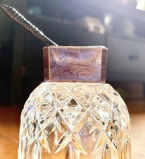 Two Vintage Purple Amethyst Glass Rectangle Salt Cellars W/ Obsidian Spoons💜 picture