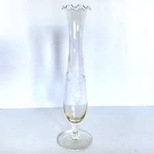 Floral Etched Glass Clear Fluted Bud Vase Pedestal Delicate Ruffle Lip 10
