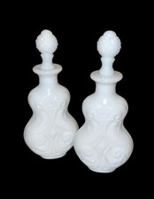 Antique Imperial Milk Glass Perfume Cologne Bottle Pair Lyre Shape UV Glow picture