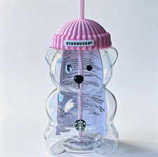 Starbucks Bear Shaped Glass Cold Cup Tumbler Pink or Green Lid & Straw 20 oz NIB picture