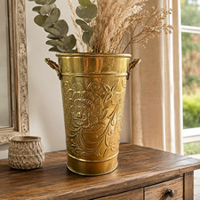 Brass Vase Elegant Expressions 8” French Bucket Floral Embossed Planter India picture