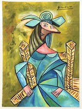 Pablo Picasso Drawing on old paper (Handmade) signed and stamped artwork picture