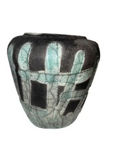 Rare Vintage Raku Pottery Vase Signed Green Black picture