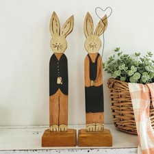 2 VTG Hand Painted Wood Standing Tall Bunnies Bunny Rabbit Figure Boy Girl 15.5