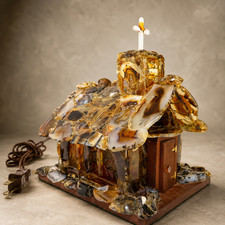 1970's SLICED AGATE STONE CHURCH SCULPTURE Art TABLE LAMP & MUSIC BOX Diorama picture