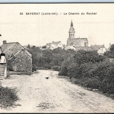 c1910s Savenay, France Le Chemin du Rocher Church Tower Rustic Houses Path A359 picture