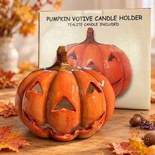 HUGE Vintage 9.5” Tall 10” Wide Jack O'Lantern Pumpkin Glazed Ceramic Halloween picture