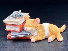 Sleeping Ginger Cat Trinket Box With Books Mouse Figurine Whimsical Desk Decor. picture