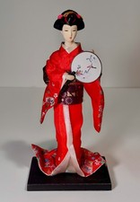 Japanese Geisha Doll Red Kimono Holding Floral Fan 8