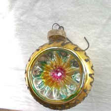 Vintage West German Hand blown Ornament Christmas indent Gold Flock  Starburst. picture
