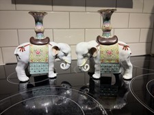 Chinese Porcelain Elephant PAIR Joss Candlestick Holders VINTAGE picture
