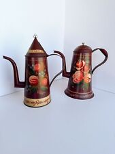 Two Antique Red Toleware Coffee Pots Hand Painted Floral Folk Art picture