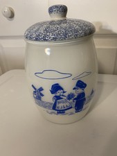 VTG Bartlett Collins Turquoise Blue & White Glass Dutch Boy Girl Cookie Jar 9” picture