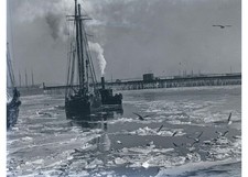 1920s Boston Harbor Iced-In Fishing Schooner & Steam Tug Glass Negative OOAK picture
