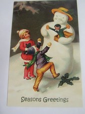 New Nostalgia Print Company Christmas Postcard Children With Snowman picture
