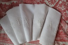 5 antique French pure linen damask linen napkins, hand embroidered AE monograms picture