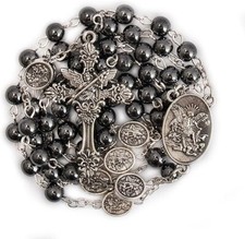 Silver St Michael Rosary Hematite Stone Beads Necklace Metal Beaded picture