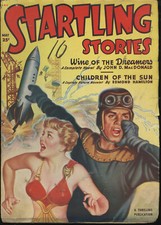 STARTLING STORIES May 1950 nippled chick runs from catastrophe picture