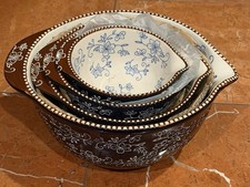 TEMPTATIONS COBALT BLUE FLORAL LACE BROWN TRIM MIXING BOWLS SPOUT LOT SET 4 NEW picture