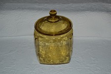 Vintage Federal Amber Yellow Madrid Depression Square Glass Cookie Jar with Lid. picture