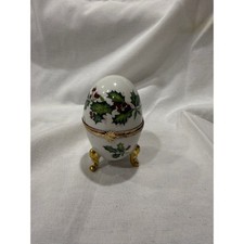 Limoges Castel France Porcelain Christmas Holly Egg Trinket Box Hinged Footed picture