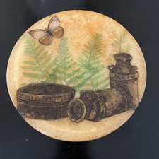 Round Resin Trivet Decorative Plate Butterfly & Fern Pattern & Milk Bucket 1970s picture