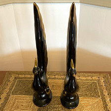 MCM Black & Gold Ceramic Bird Figurines Pair, Glossy Finish, 12 in Tall HTF picture