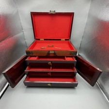 Vintage Chinese Rosewood Jewelry Box Red Silk Lined 4-Tier Chest w/ Lock & Key picture