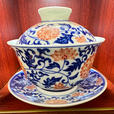 Blue and White Underglaze Red Gaiwan, Hand Painted Interlocking Lotus, 3-piece T picture