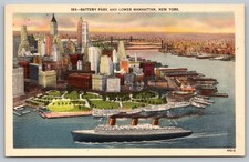 Battery Park Lower Manhattan NYC Ocean Liner Linen Postcard 1930s picture