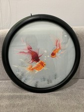 Vintage Chinese Double Sided Silk Embroidery Goldfish 3 Koi Round Framed Su Xiu picture