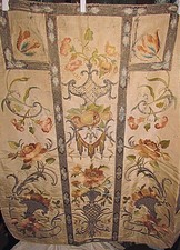 antique 19th French embroidery lg textile remnant roses peonies peaches urns &++ picture