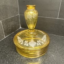 Vintage RARE FOSTORIA Yellow Glass 2 Pc. Vanity Set Powder Perfume “Boxtle” picture