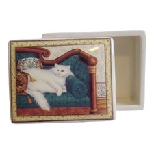 White Persian Cat Ceramic Trinket Box Rectangular Jewelry Keepsake Dish Lid 7oz picture