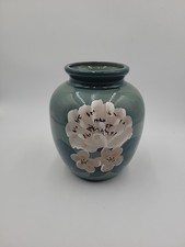 Vintage Green Flower Vase Hand Painted Floral Motif Ceramic Pottery picture