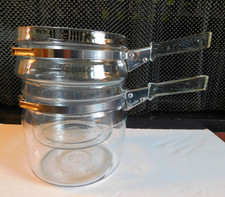 Vntg PYREX Glass Double Boiler NO LID 6763 -1 1/2 Quart -Detachable Snap Handles picture