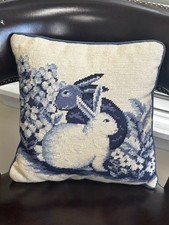 Vintage Handmade Needlepoint Bunny Throw Pillow Blue & White picture