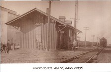 CRI&P Railroad Train Station Depot Aulne, KS Kansas Postcard People Locomotive picture