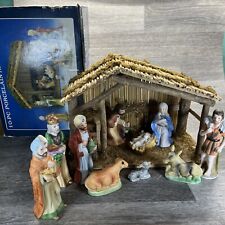 Vintage FHP 10-PC Porcelain Nativity Set w/ Wooden Stable 411738 Complete W/ Box picture