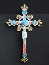 Antique Gothic Revival Polychrome Wood Crucifix Belgian 19thc picture