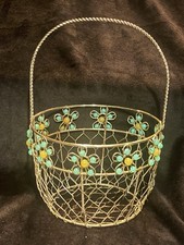 VTG Bejeweled Hand Craft BEADED Daisy Flower RETRO MCM Metal Chicken Wire Basket picture
