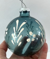 LARGE VTG UNSILVERED WWII SHINY BRITE ORNAMENT BLUE & PAINTD WHITE PETALS 3-1/2” picture