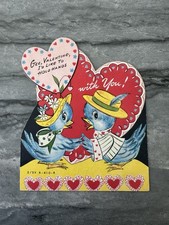 Rare Large Vintage Valentine Bluebird Boy Girl Date  Hat Feather Bow Heart Cute picture