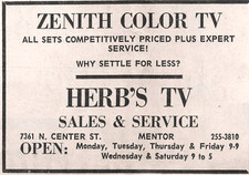 Herb’s TV Sales & Service Zenith TV Mentor OH Painesville Vtg Newspaper Print Ad picture