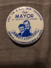 orig. issue variation ABBOTT & COSTELLO MAYOR 1939 N.Y. World's Fair pinback ^ picture