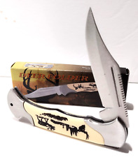 White Smooth Bone Buck Deer Scrimshaw Hunting Skinning Lockback Pocket Knife picture